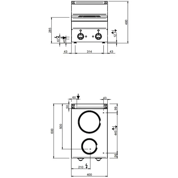Fornuis | MINIMA 600 | Elektrisch | 2 Kookpunten (1x 1.5kW, 1x 2.6kW) | 4.1kW (400V) | 400x600x270(h)mm