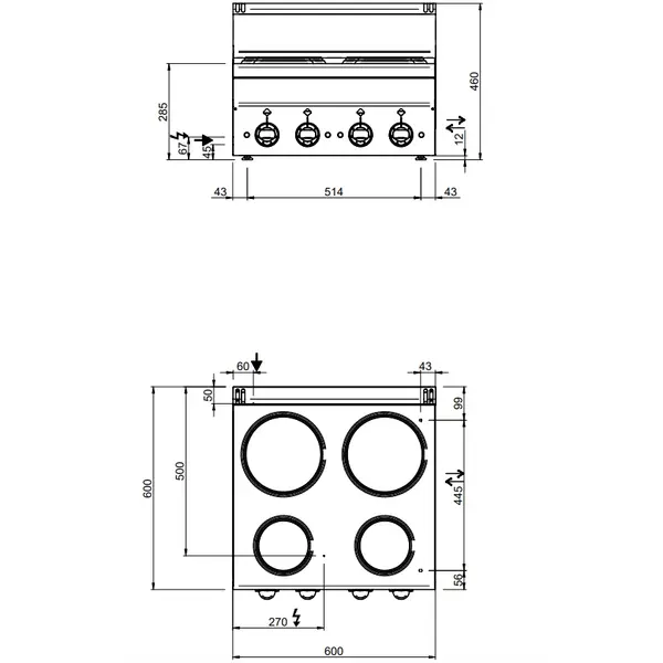 Fornuis | MINIMA 600 | Elektrisch | 4 Kookpunten (2x 1.5kW, 2x 2.6kW) | 8.2kW (400V) | 600x600x270(h)mm
