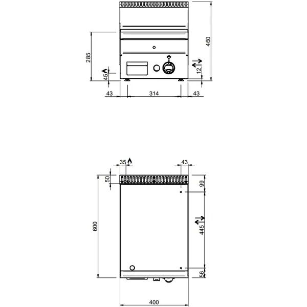Bak-/Grillplaat | MINIMA 600 | Gas | Gegroefd Oppervlak 400x510 (RVS) | 5.1kW | Piëzo Ontsteking | 400x600x270(h)mm