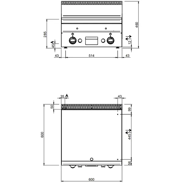 Bak-/Grillplaat | MINIMA 600 | Gas | Gegroefd Oppervlak 600x510 (RVS) | 10.2kW | Piëzo Ontsteking | 600x600x270(h)mm