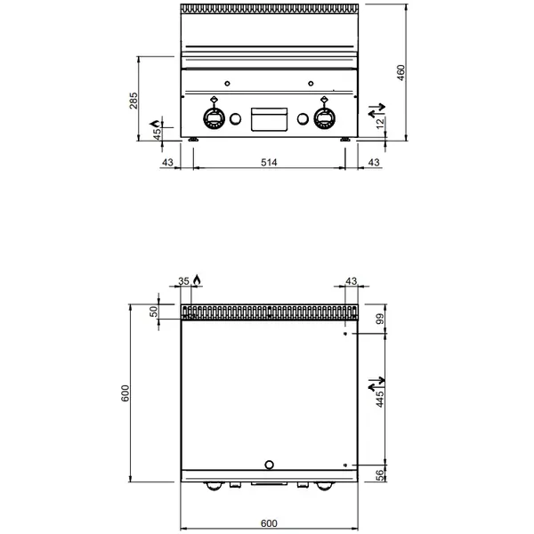 Bak-/Grillplaat | MINIMA 600 | Gas | Glad/Gegroefd Oppervlak 600x510 (RVS) | 10.2kW | Piëzo Ontsteking | 600x600x270(h)mm