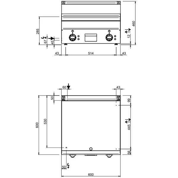 Bak-/Grillplaat | MINIMA 600 | Elektrisch | Glad Oppervlak 600x510 (Verchroomd) | 7.5kW (400V) | 600x600x270(h)mm