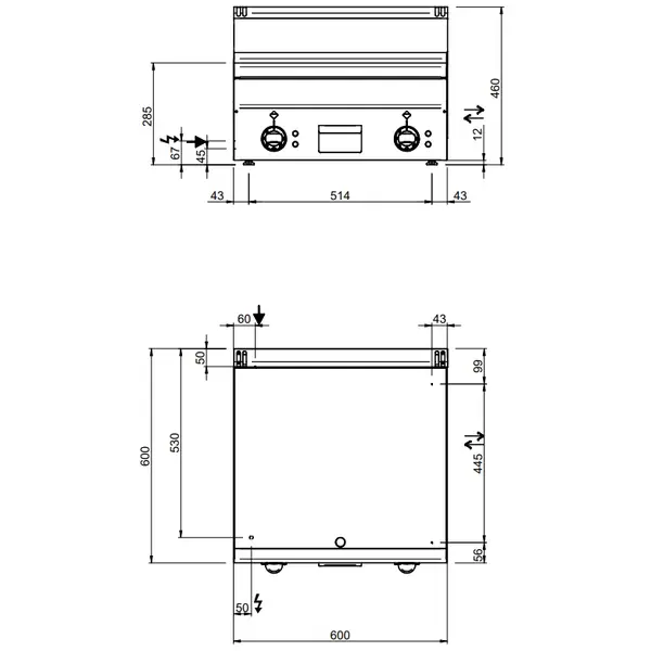 Bak-/Grillplaat | MINIMA 600 | Elektrisch | Glad/Gegroefd Oppervlak 600x510 (Verchroomd) | 7.5kW (400V) | 600x600x270(h)mm