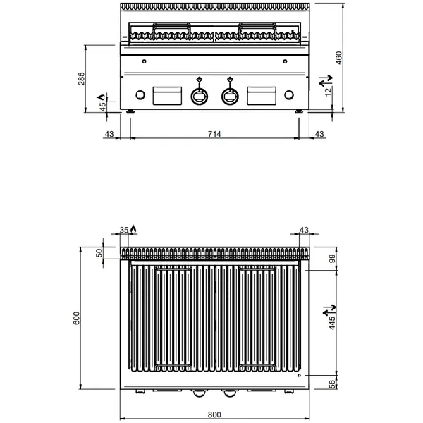 Lavasteengrill | MINIMA 600 | Gas | Oppervlak 2x 355x460 (RVS, Vis) | 14kW | Piëzo Ontsteking | 800x600x270(h)mm