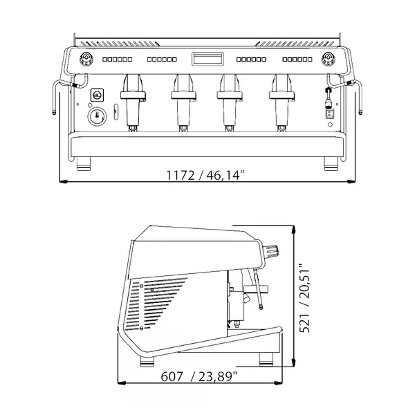 Espressomachine | VALLELUNGA V2 | RVS | Automatisch | 4 Groepen | Boiler 27L | Digitaal | 400V | 1172x607x521(h)mm