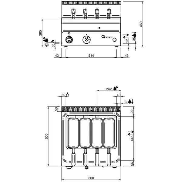 Pastakoker | MINIMA 600 | Gas | 25L | 11kW | Vulkraan + Aftapkraan | Piëzo Ontsteking | 600x600x270(h)mm