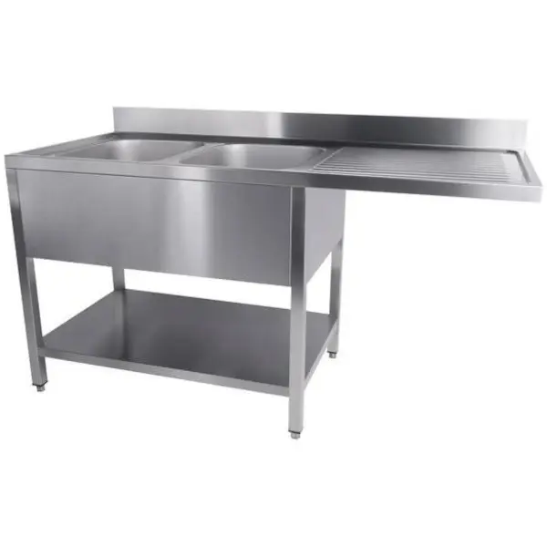 Spoeltafel | RVS | 2 Spoelbakken (Links) + Afdruipvlak | Bodemschap + Voorlader | Achteropstand | Zelfmontage | 1600x700x850(h)mm