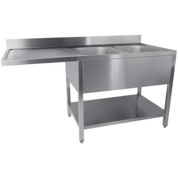 Spoeltafel | RVS | 2 Spoelbakken (Rechts) + Afdruipvlak | Bodemschap + Voorlader | Achteropstand | Zelfmontage | 1600x700x850(h)mm