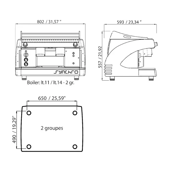 Espressomachine | SYNCHRO | RVS/Aluminium | Automatisch | 2 Groepen | Boiler 14L | Digitaal | 400V | 802x593x557(h)mm