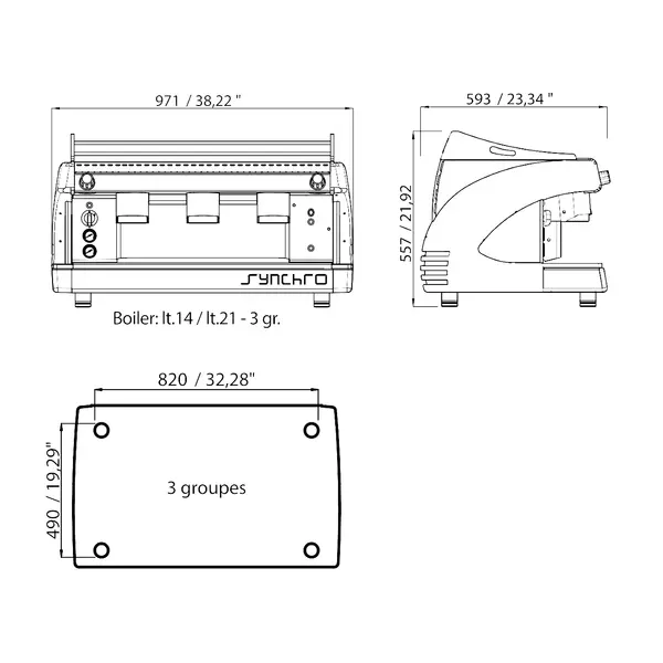 Espressomachine | SYNCHRO | Div. Kleuren | Automatisch | 3 Groepen | Boiler 21L | Digitaal | 400V | 971x593x557(h)mm