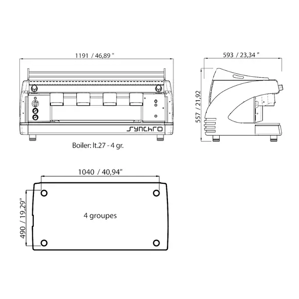 Espressomachine | SYNCHRO | Div. Kleuren | Automatisch | 4 Groepen | Multi-Boiler 16L + 4x 0.8L | Digitaal | 400V | 1191x593x557(h)mm