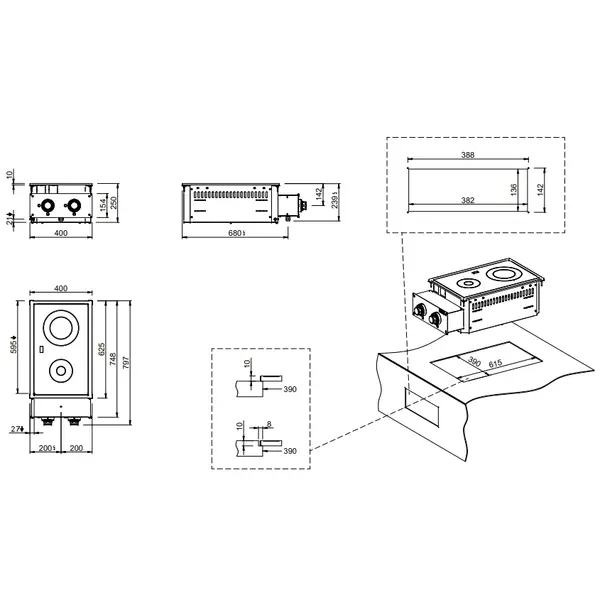 Inbouw Glaskeramisch Fornuis | DROP-IN | Elektrisch | 2 Kookpunten | 4.3kW (400V) | 400x625x250(h)mm