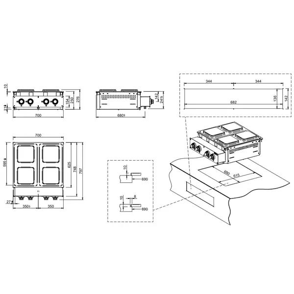 Fornuis | DROP-IN | Elektrisch | 4 Kookpunten (220x220) | 10.4kW (400V) | 700x625x250(h)mm