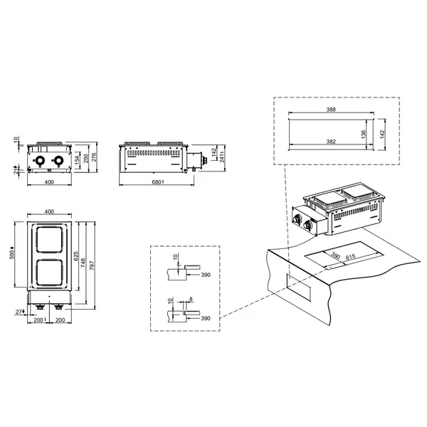 Fornuis | DROP-IN | Elektrisch | 2 Kookpunten (220x220) | 5.2kW (400V) | 400x625x250(h)mm