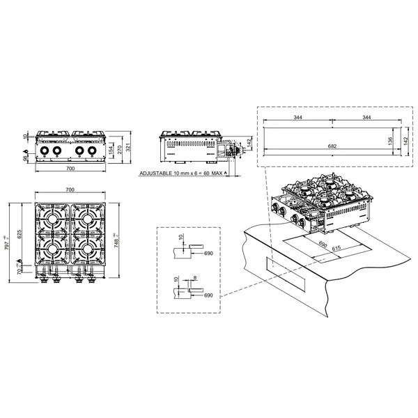 Inbouw Gasfornuis | DROP-IN | Gas | 4 Branders (4x 7kW) | Waakvlam | 700x625x250(h)mm