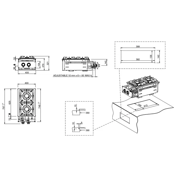 Inbouw Gasfornuis | DROP-IN | Gas | 2 Branders (2x 7kW) | Waakvlam | 400x625x250(h)mm