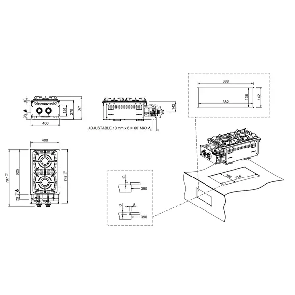 Inbouw Gasfornuis | DROP-IN | Gas | 2 Branders (2x 5.5kW) | Waakvlam | 400x625x250(h)mm