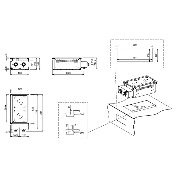 Inbouw Inductiefornuis | DROP-IN | 2 Kookpunten | 7kW (400V) | 400x625x250(h)mm