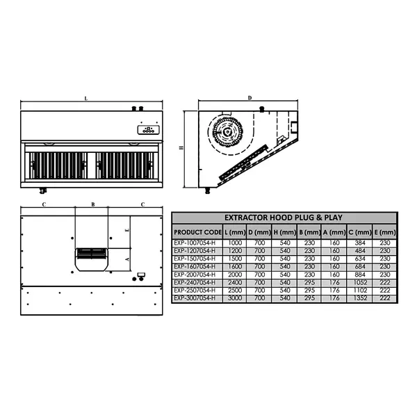 Afzuigkap | Schuin Model | Incl. Motor | 2000m³/u | Regelaar + Verlichting | 2000x700x540(h)mm