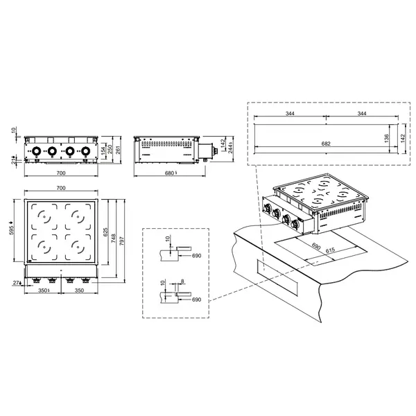Inbouw Inductiefornuis | DROP-IN | 4 Kookpunten | 14kW (400V) | 700x625x250(h)mm