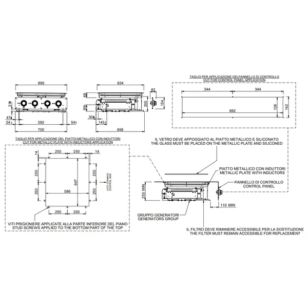 Inbouw Inductiefornuis | DROP-IN | 4 Kookpunten | 14kW (400V) | 700x625x250(h)mm