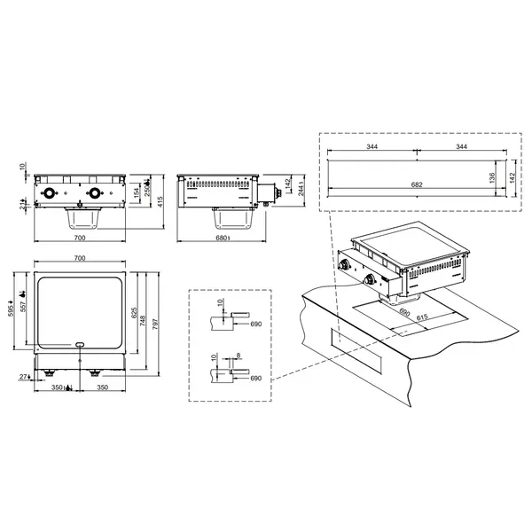 Inbouw Bak-/Grillplaat | DROP-IN | Elektrisch | Glad/Gegroefd Oppervlak 630x540 (Verchroomd) | 10kW (400V) | 700x625x250(h)mm