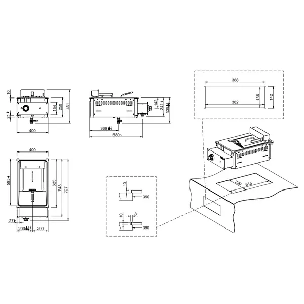 Inbouwfriteuse | DROP-IN | Elektrisch | 12L | 100°C/190°C | 9kW (400V) | Aftapkraan | 400x625x350(h)mm