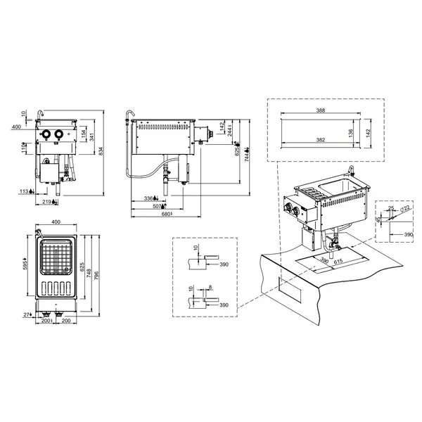 Inbouw Pastakoker | DROP-IN | Elektrisch | 26L | 5.5kW (400V) | Vulkraan + Aftapkraan | 400x625x610(h)mm