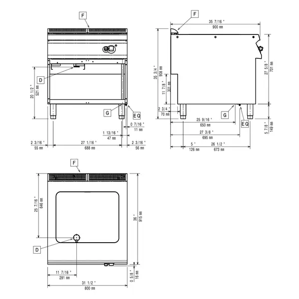 Multifunctionele Varipan | MAXIMA 900+ | Gas | 22L | 100°C/250°C | 14kW | Piëzo Ontsteking | Aftapkraan | Open Onderkast | 800x900x850/908(h)mm