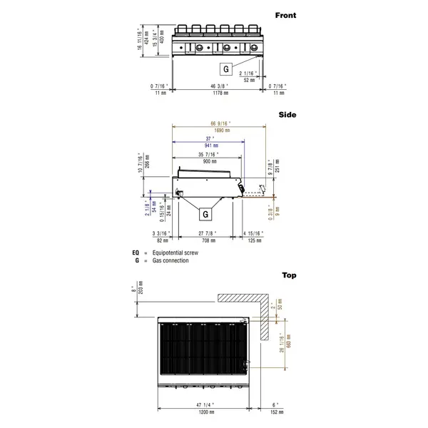 High Power Grill | MAXIMA 900+ | Gas | Oppervlak 1113x644 (Gietijzer) | 31.5kW | Piëzo Ontsteking | 1200x900x275/424(h)mm