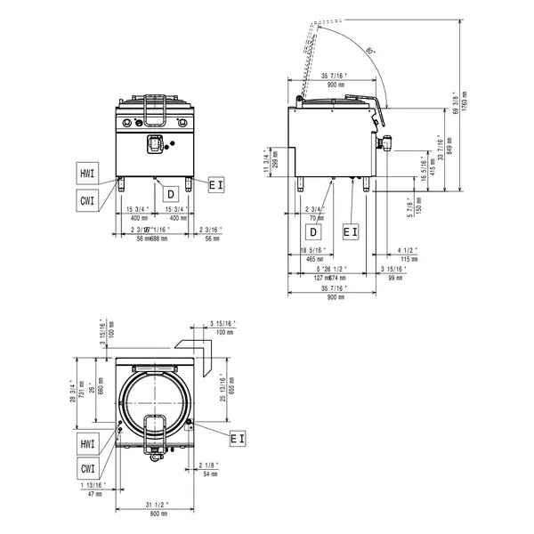 Kookketel | MAXIMA 900+ | Elektrisch | 100L | Indirecte Verhitting | 21.5kW (230V-3F) | Vulkraan + Aftapkraan | 800x900x849/920(h)mm