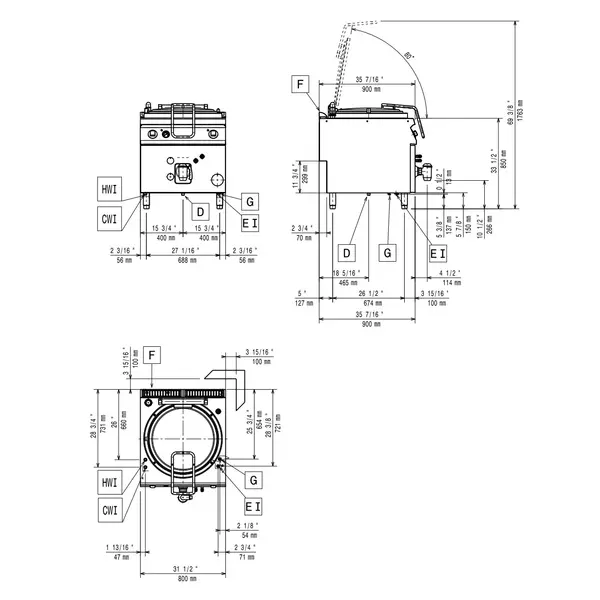 Kookketel | MAXIMA 900+ | Gas | 150L | Indirecte Verhitting | 27kW | Waakvlam/Piëzo | Vulkraan + Aftapkraan | 800x900x850/920(h)mm