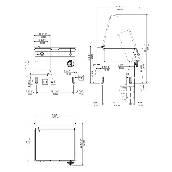 Kantelbare Braadpan | MAXIMA 900+ | Elektrisch | 100L | 120°C/300°C | 17kW (230V-3F) | Vulkraan | 1000x900x850/898(h)mm