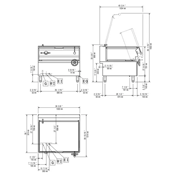 Kantelbare Braadpan | MAXIMA 900+ | Gas | 100L | 120°C/300°C | 27kW | Elektrische Ontsteking (230V) | Vulkraan | 1000x900x850/898(h)mm