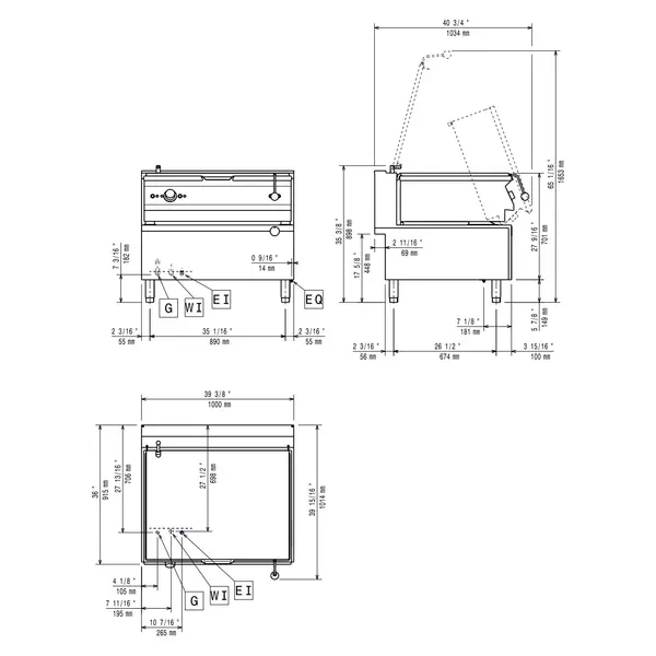Kantelbare Braadpan | MAXIMA 900+ | Gas | 100L | 120°C/300°C | 27kW | Elektrische Ontsteking (230V) | Vulkraan | Elektrische Kanteling | 1000x900x850/898(h)mm