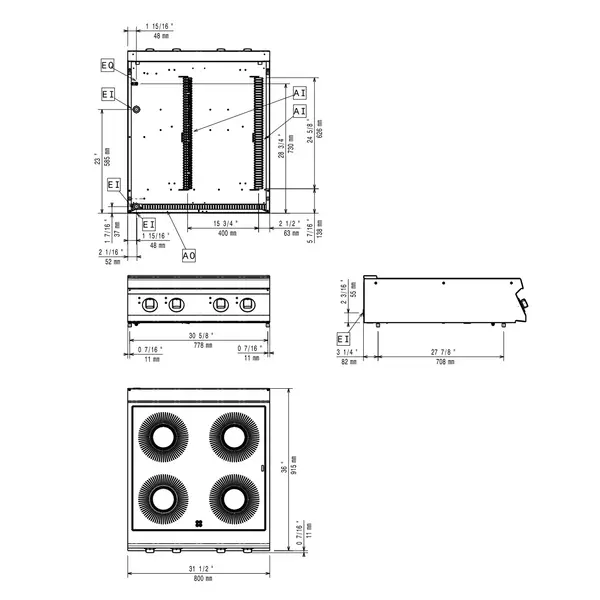 Inductiefornuis | MAXIMA 900+ | 4 Kookpunten (Ø280) | 20kW (230V-3F) | 800x900x275/290(h)mm