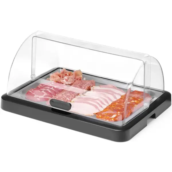 Buffetvitrine | DUO UNIQ (Design by Bronwasser) | Kunststof/RVS | Gekoeld | Incl. Serveerchaal (400x300) | 2 Koelelementen + Roll-Top Deksel | 460x355x220(h)mm