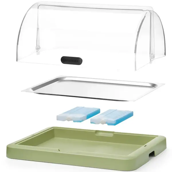 Buffetvitrine | DUO UNIQ (Design by Bronwasser) | Kunststof/RVS | Gekoeld | Incl. Serveerchaal (400x300) | 2 Koelelementen + Roll-Top Deksel | 460x355x220(h)mm