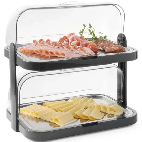Buffetvitrine | Kunststof/RVS | 2 Etages | Gekoeld | Incl. Serveerchalen (2x 395x285) | 4 Koelelementen + 2 Roll-Top Deksels | 440x320x440(h)mm