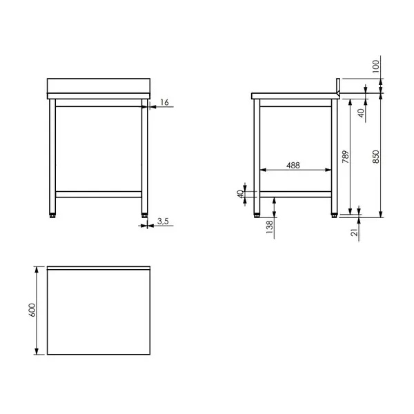 Werktafel | RVS | Diepte 600 | Hoogte 900 | Breedte 800-2000 | Achteropstand | Zelfmontage