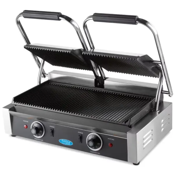 Contact-/Paninigrill | Dubbel | Gegroefd Oppervlak (Gietijzer) | 50°C/300°C | 3.6kW (2x 230V) | 570x305x210(h)mm