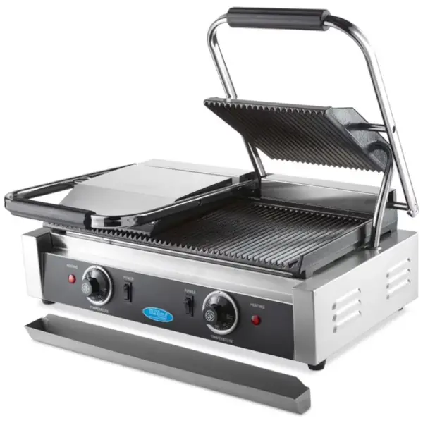Contact-/Paninigrill | Dubbel | Gegroefd Oppervlak (Gietijzer) | 50°C/300°C | 3.6kW (2x 230V) | 570x305x210(h)mm