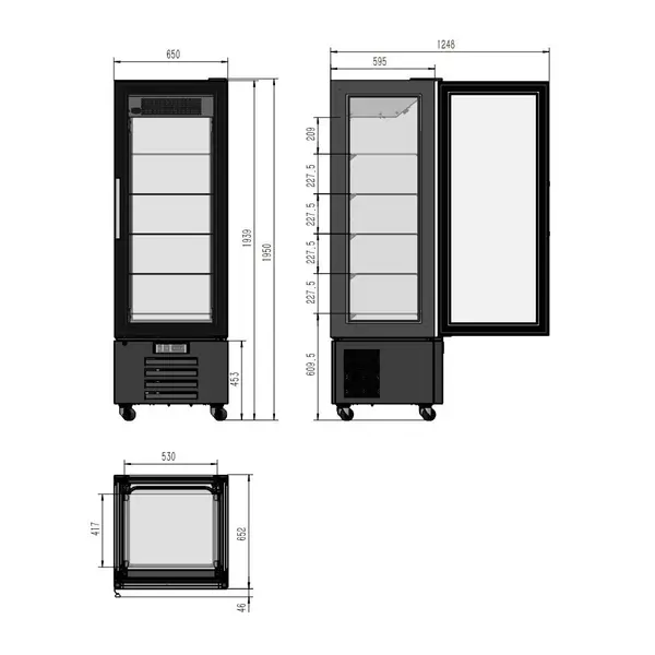 Gebaksvitrine | 400L | Zwart | +2°C/+8°C | Geforceerd | 6 Niveaus | Wielen (Geremd) | 650x650x1950(h)mm