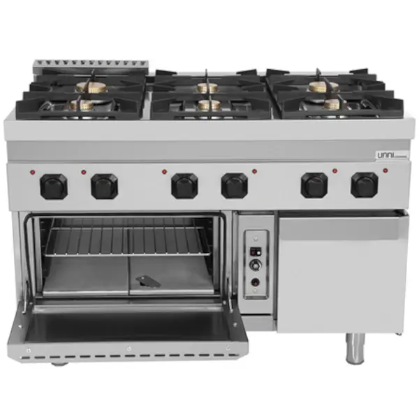 Fornuis + Oven | 700 SERIE | Gas | 6 Branders (3x 6.5kW, 3x 9kW) + 2/1 GN Oven (6.5kW) | Waakvlam/Piëzo | Neutraal Vak | 1200x700x850/900(h)mm