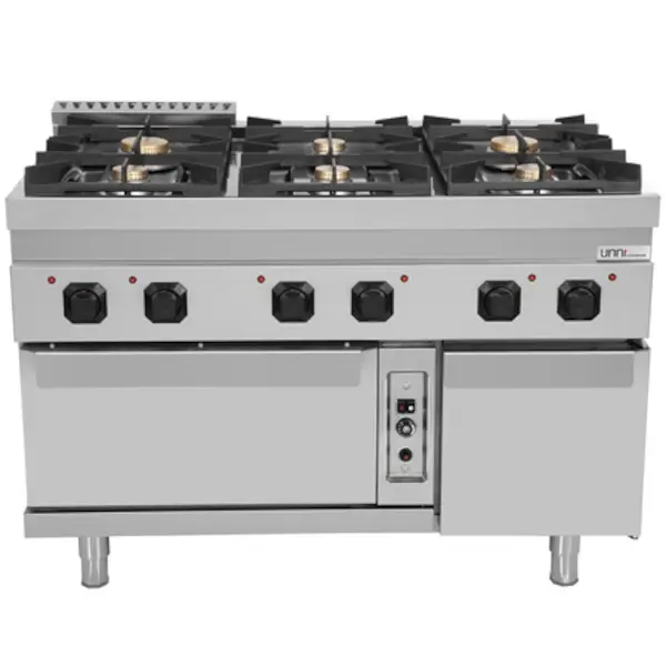 Fornuis + Oven | 700 SERIE | Gas | 6 Branders (3x 6.5kW, 3x 9kW) + 2/1 GN Oven (6.5kW) | Waakvlam/Piëzo | Neutraal Vak | 1200x700x850/900(h)mm