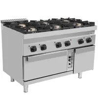 UNNI-COOKING Fornuis + Oven | 700 SERIE | Gas | 6 Branders (3x 6.5kW, 3x 9kW) + 2/1 GN Oven (6.5kW) | Waakvlam/Piëzo | Neutraal Vak | 1200x700x850/900(h)mm