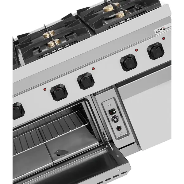 Fornuis + Oven | 700 SERIE | Gas | 6 Branders (3x 6.5kW, 3x 9kW) + 2/1 GN Oven (6.5kW) | Waakvlam/Piëzo | Neutraal Vak | 1200x700x850/900(h)mm