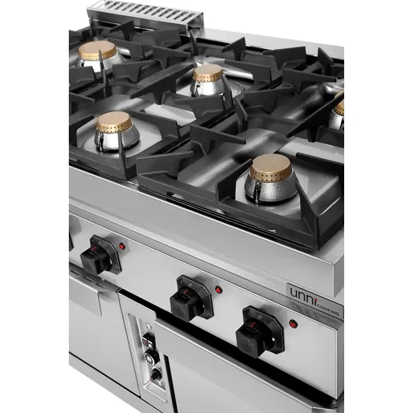 Fornuis + Oven | 700 SERIE | Gas | 6 Branders (3x 6.5kW, 3x 9kW) + 2/1 GN Oven (6.5kW) | Waakvlam/Piëzo | Neutraal Vak | 1200x700x850/900(h)mm