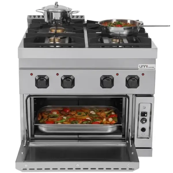 Fornuis + Oven | 700 SERIE | Gas | 4 Branders (3x 6.5kW, 1x 9kW) + 2/1 GN Oven (6.5kW) | Waakvlam/Piëzo | 8000x700x850/900(h)mm