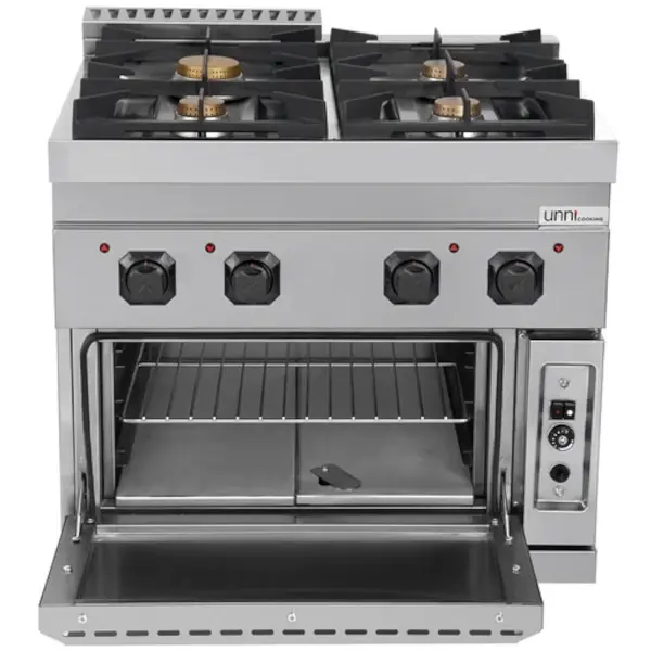 Fornuis + Oven | 700 SERIE | Gas | 4 Branders (3x 6.5kW, 1x 9kW) + 2/1 GN Oven (6.5kW) | Waakvlam/Piëzo | 8000x700x850/900(h)mm